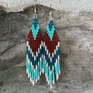 Handcrafted Beaded Earrings - Turquoise, Brown, and White